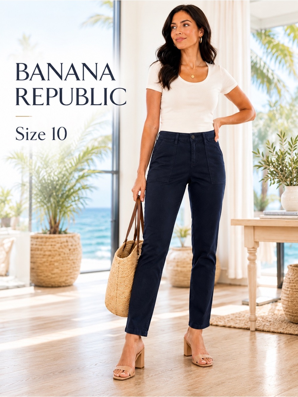 Banana Republic Utility Pocket Pants Navy Stretch Slim Straight Leg Size 10